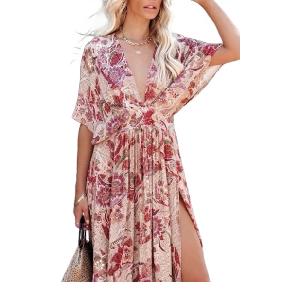 VICI Kemya Floral Kimono Midi Dress XS Red Cream Rayon Boho Resort Vacation - Picture 14 of 14